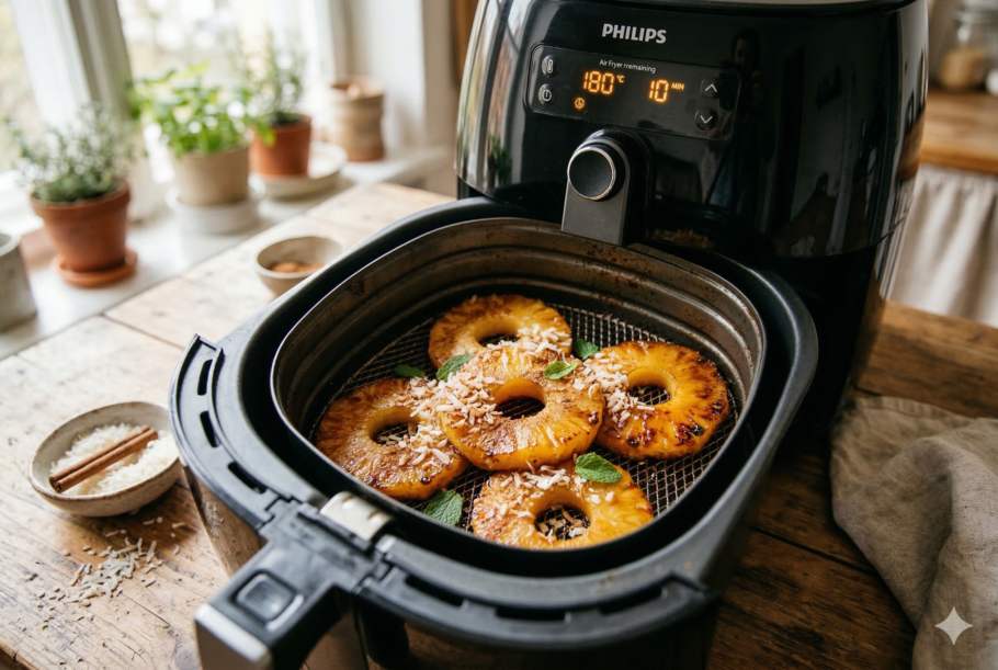 Abacaxi caramelizado com canela e coco na airfryer