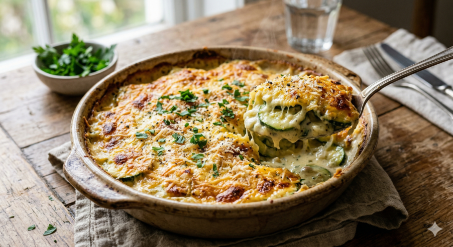 Abobrinha cremosa gratinada é uma receita fácil, leve e cheia de sabor para o dia a dia