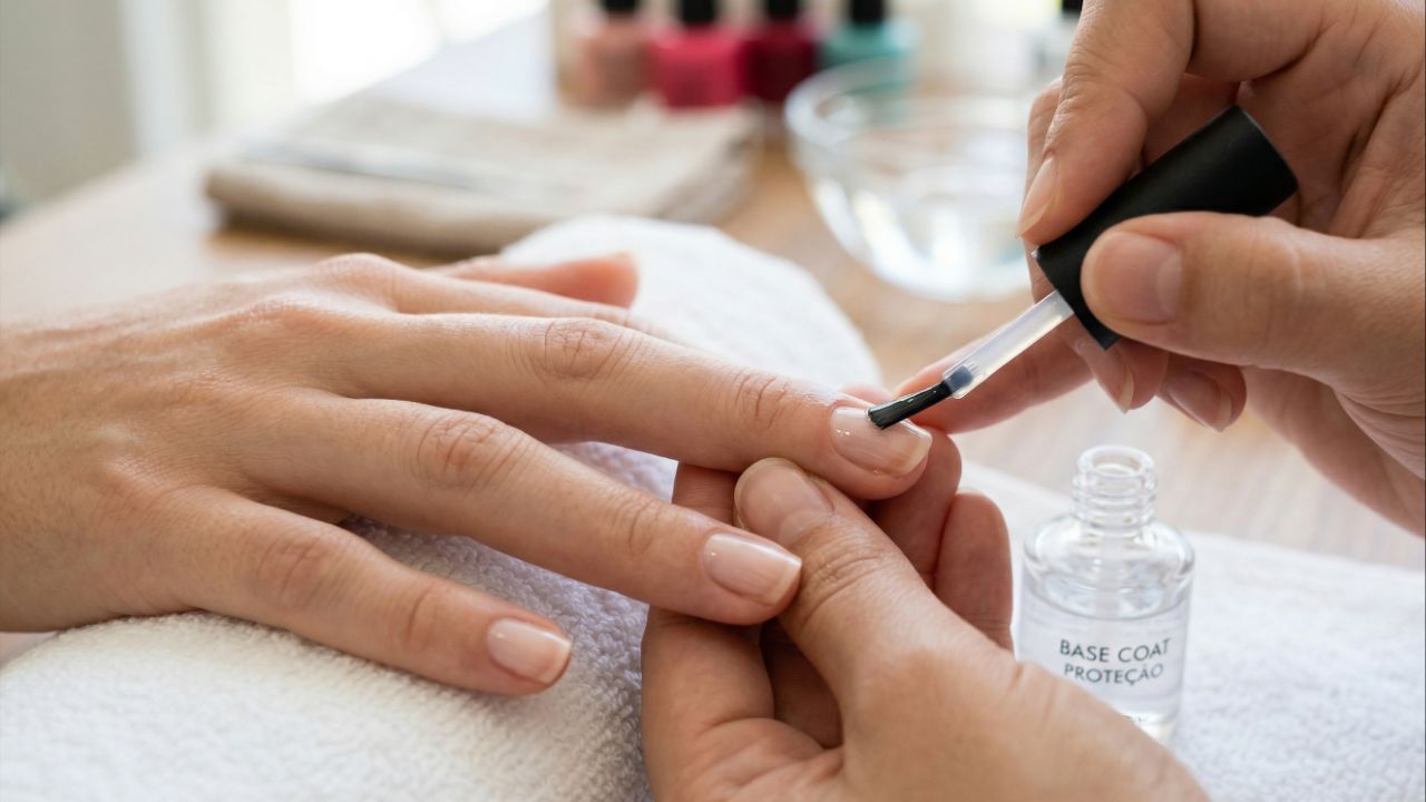 A base protege as unhas de manchas causadas por esmaltes escuros.