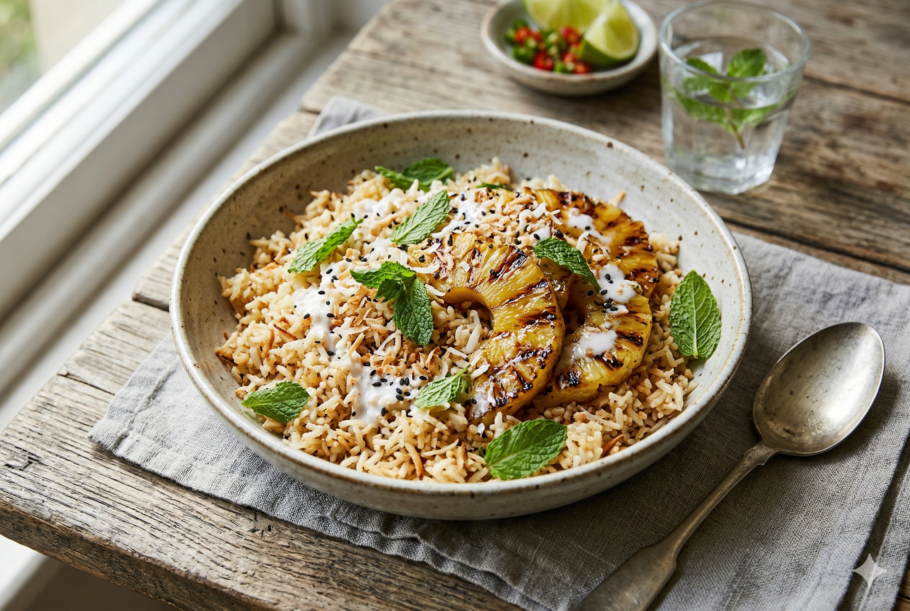 Arroz com coco e abacaxi grelhado é uma receita fácil, diferente e aromática, perfeita para inovar no dia a dia