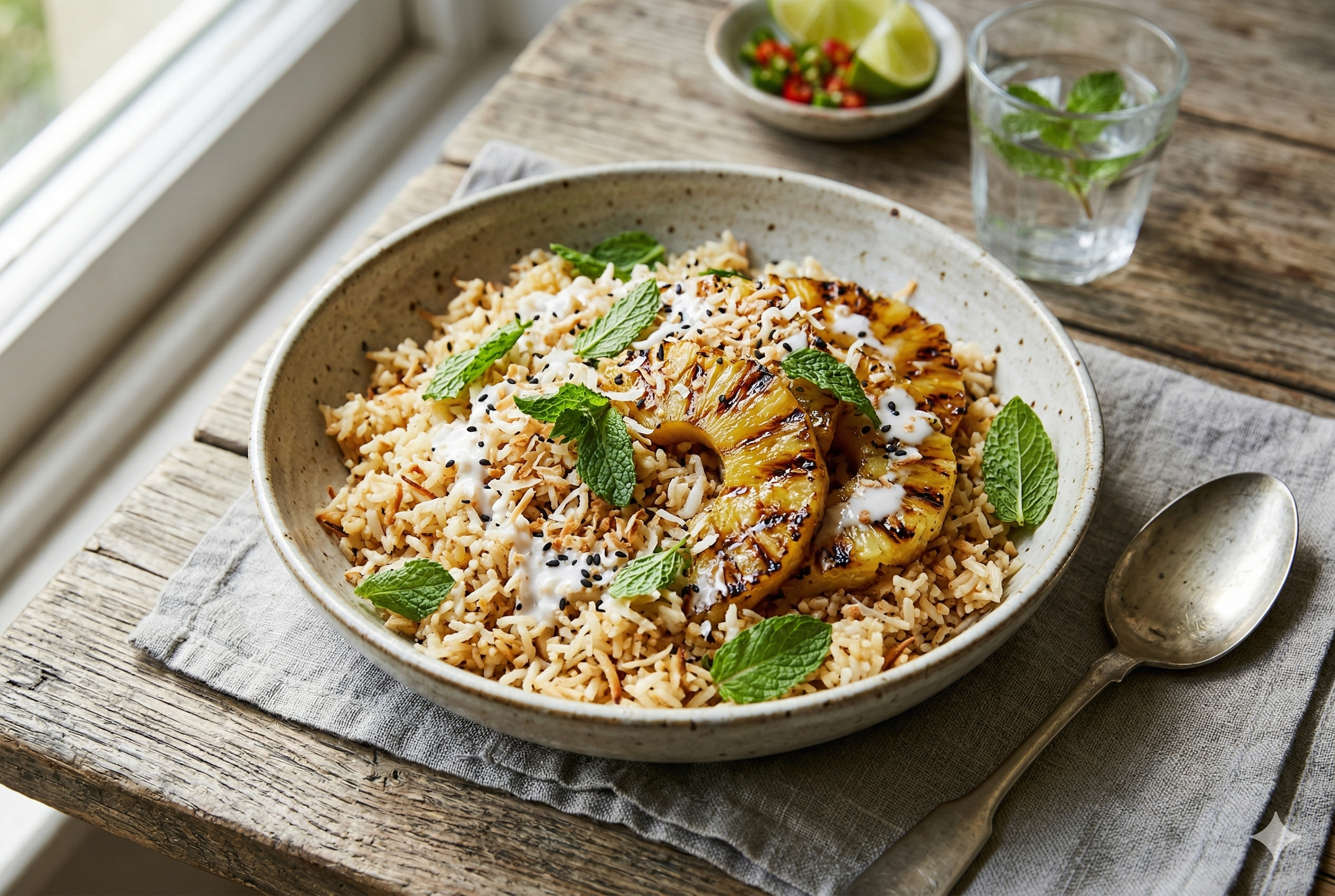 Arroz de coco tostado com abacaxi grelhado e hortelã