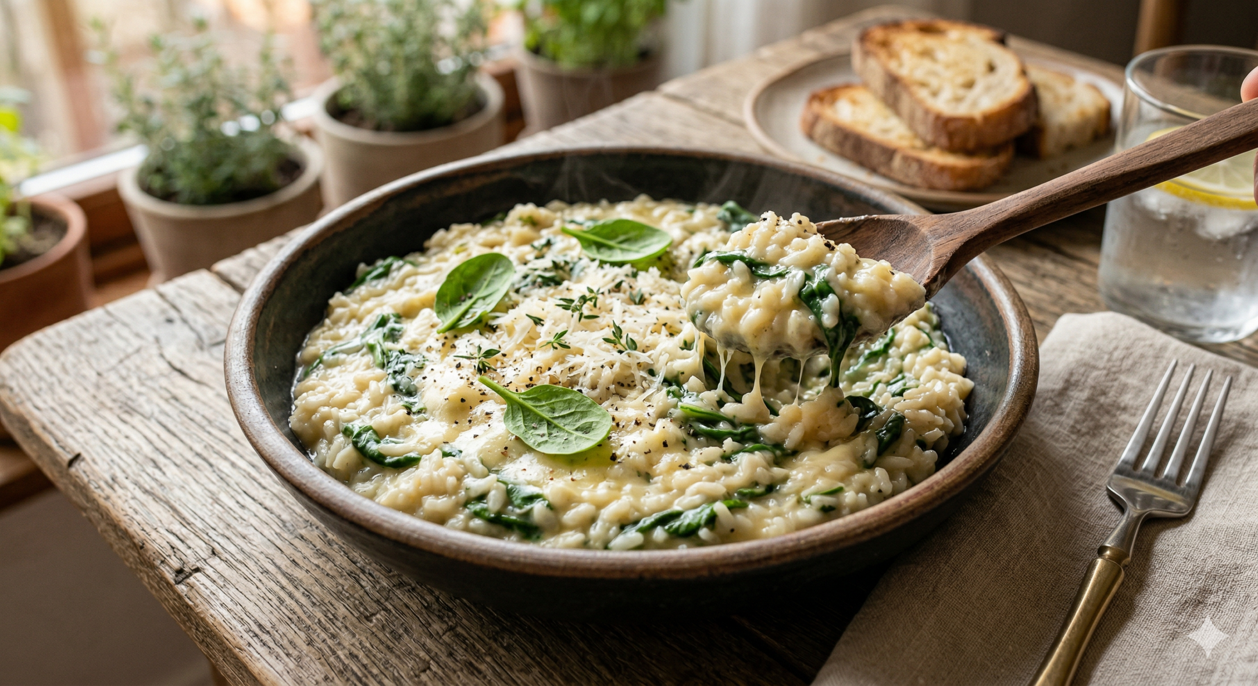 Você precisa provar esse arroz cremoso com queijo e espinafre