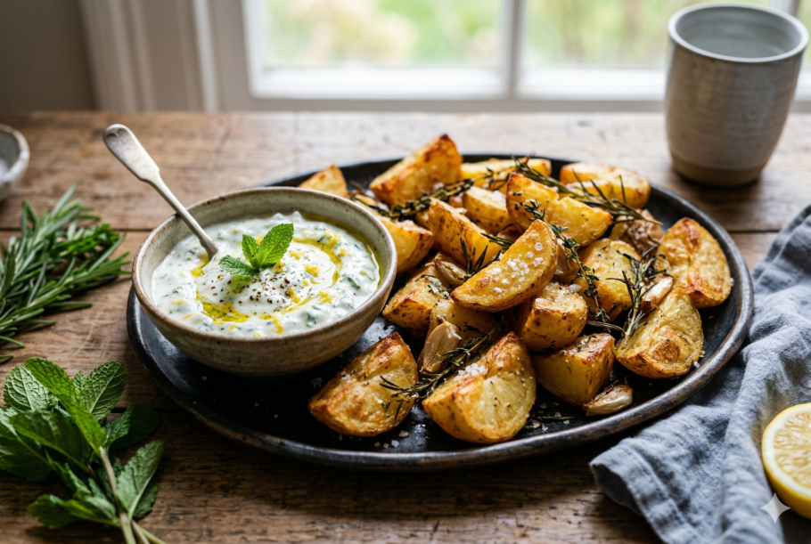 Batata dourada com molho de iogurte é uma receita fácil, crocante e cheia de sabor