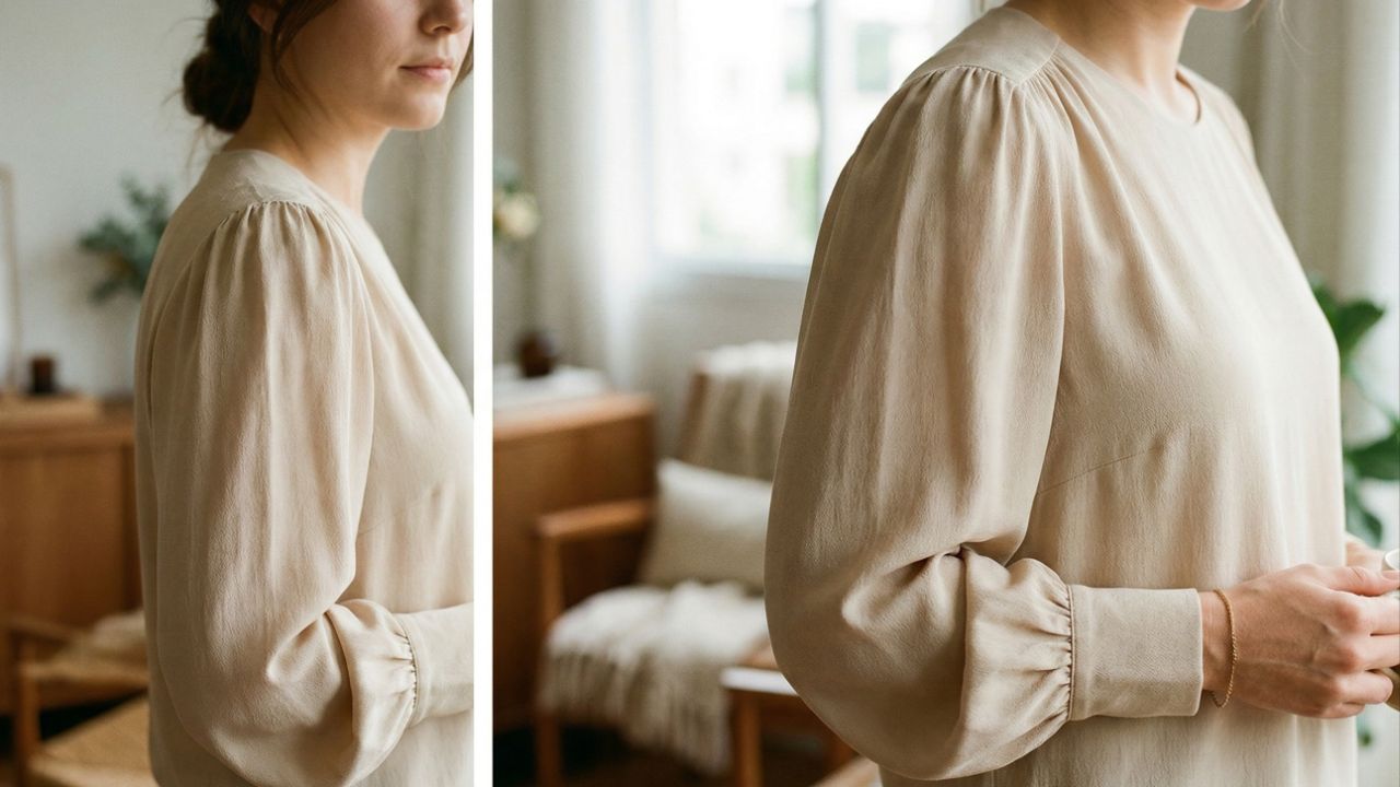 Mangas bufantes suaves equilibram a silhueta com sofisticação e romantismo.