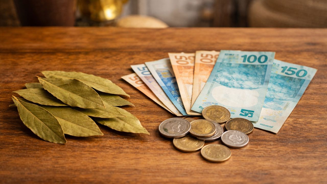 A folha de louro simboliza a fé brasileira na prosperidade financeira.