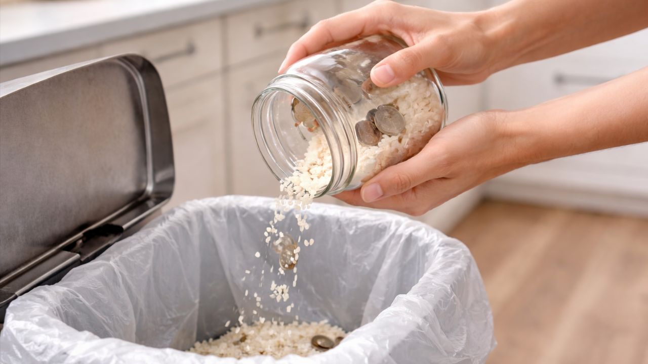 Descarte o arroz e mantenha as moedas e o ambiente limpos.