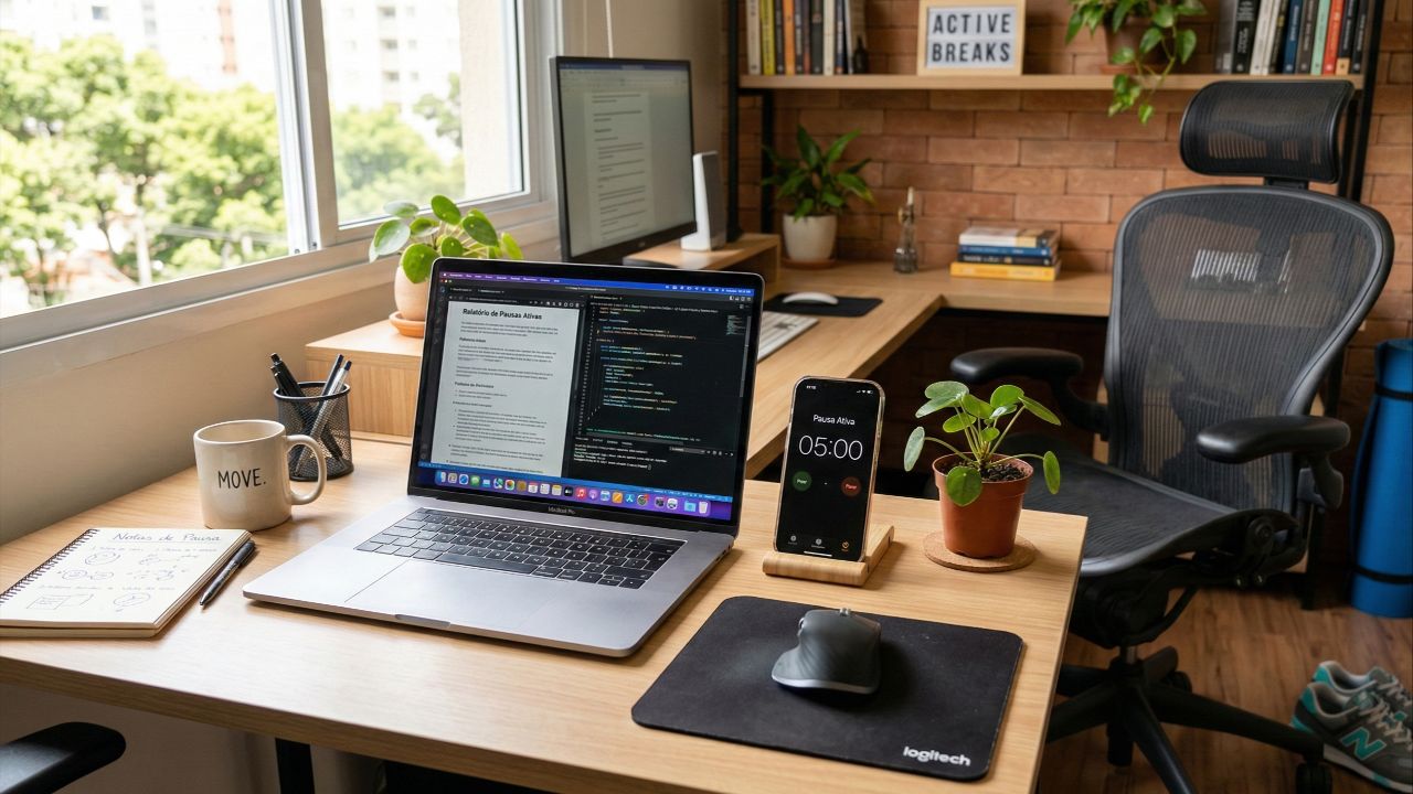 Pausas ativas e movimentos curtos protegem o corpo na rotina de trabalho.