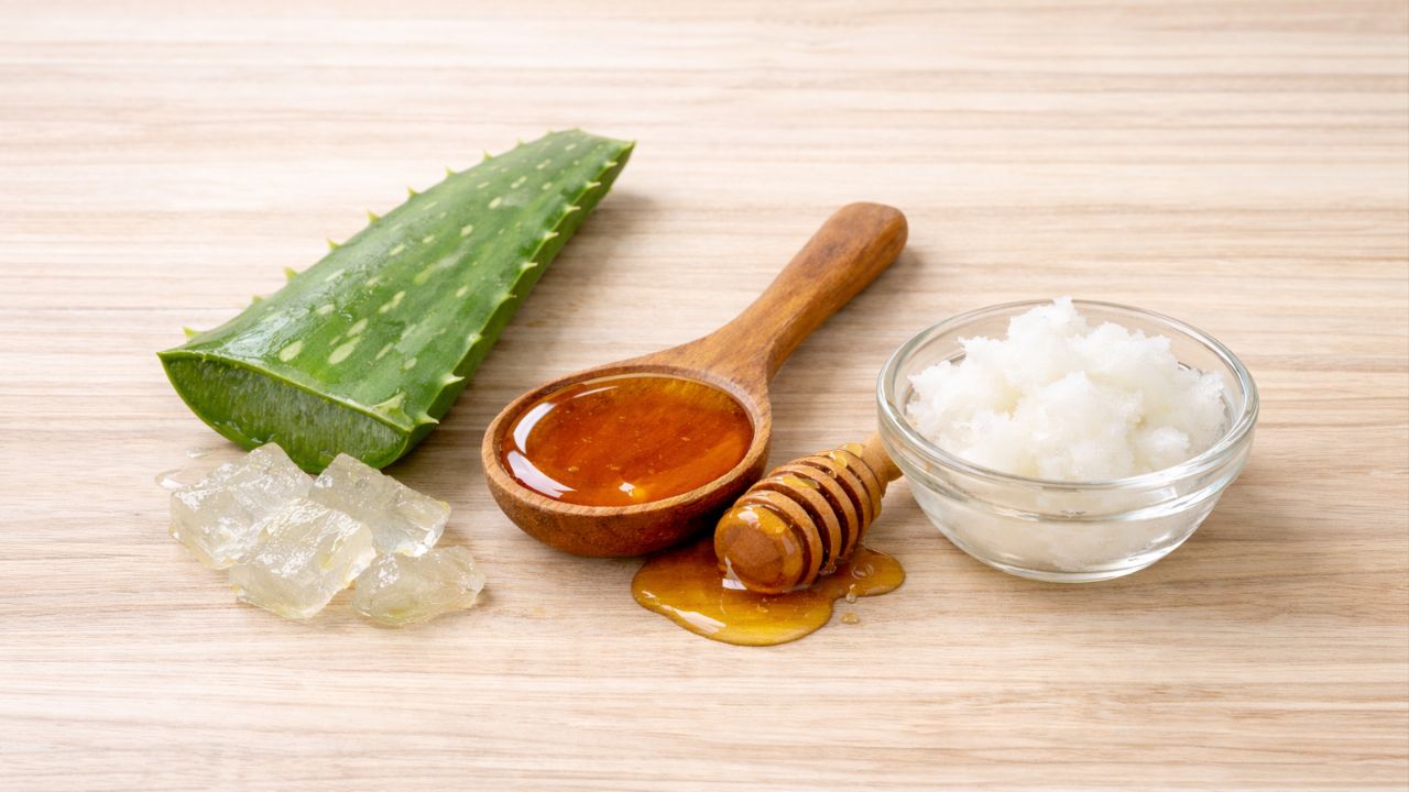 Mel, óleo de coco e aloe vera hidratam e nutrem os fios profundamente.