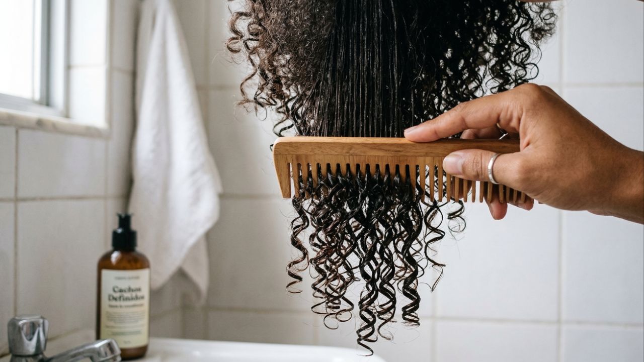 Penteie das pontas à raiz com dentes largos para evitar quebras e manter a definição.