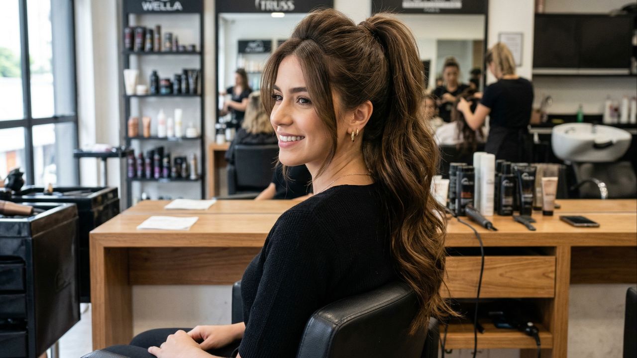 O rabo de cavalo alto com volume alonga a silhueta e harmoniza o rosto.