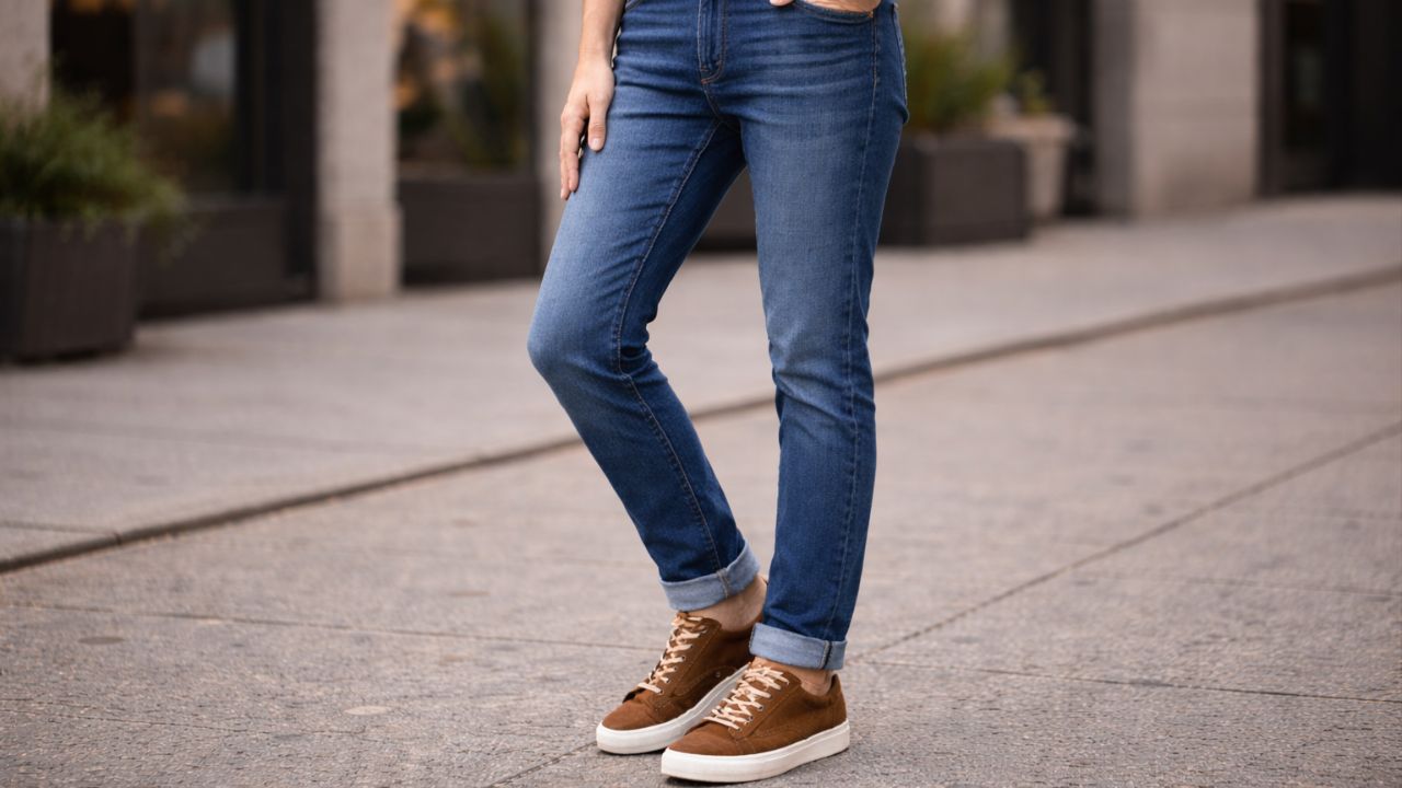 Tons terrosos e jeans azul garantem um visual sofisticado e harmônico.