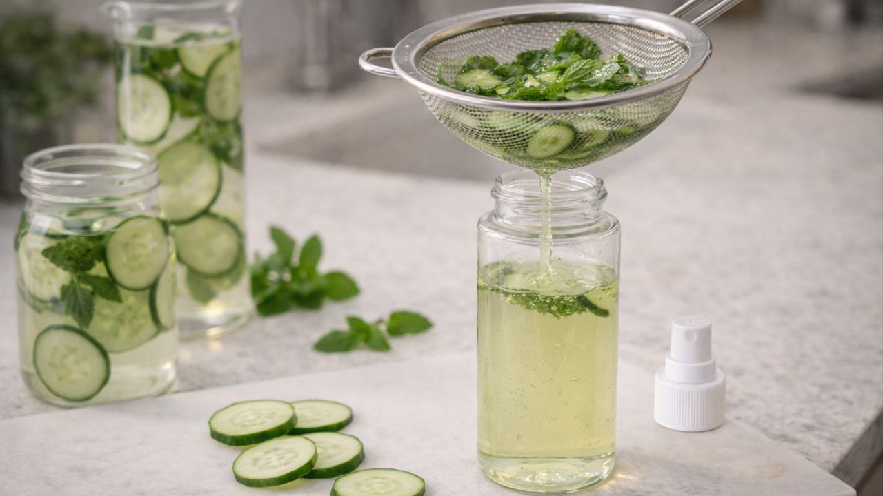 O spray de pepino e hortelã é um preparo caseiro prático e refrescante.
