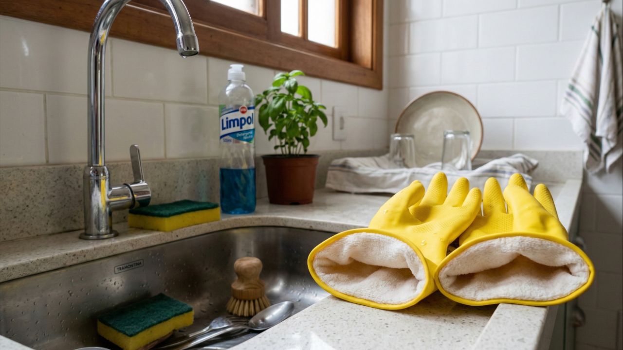 Luvas de borracha e cutículas preservadas protegem as mãos e as unhas.