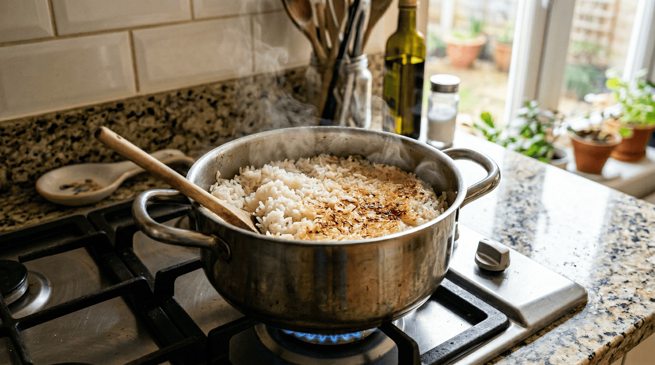 O primeiro sinal de que algo está errado surge com o estalo rítmico vindo do fundo da panela, indicando que a água secou e o calor começou a atingir diretamente o amido de arroz