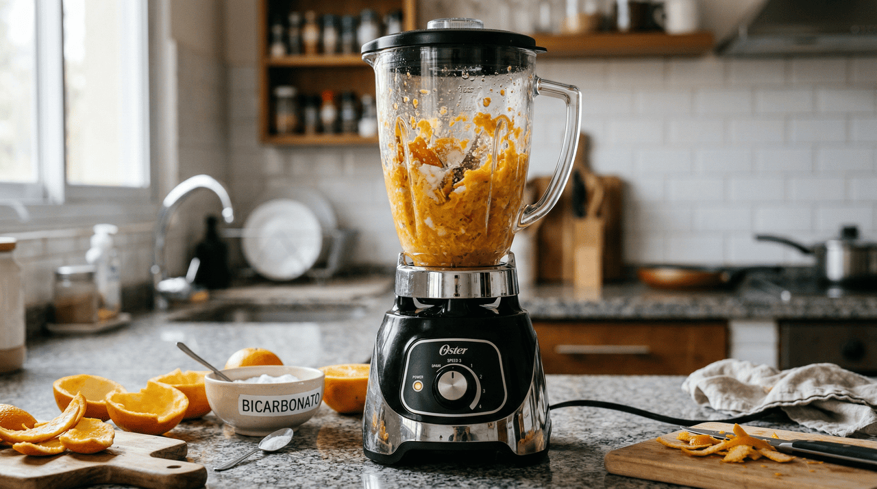 O bicarbonato de sódio contribui com duas características que a casca de laranja sozinha não tem
