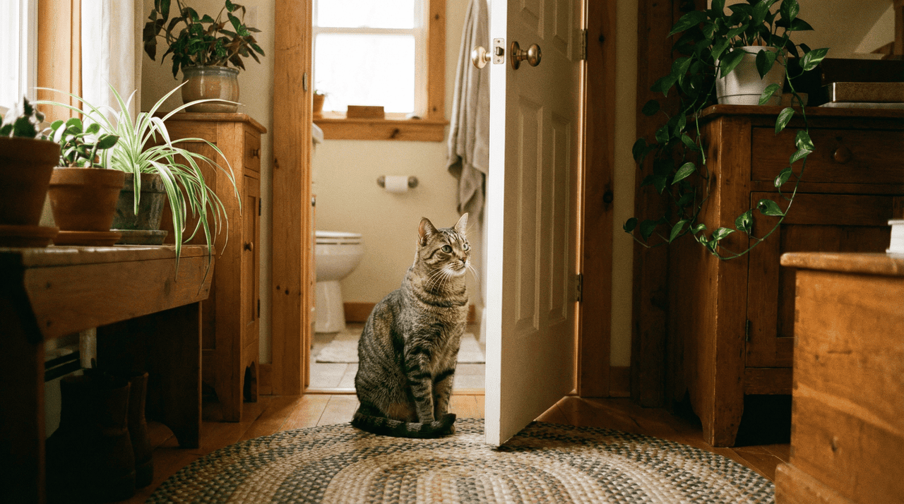 Quando o gato “escolta” alguém até o banheiro, ele demonstra segurança, interesse e certa vigilância