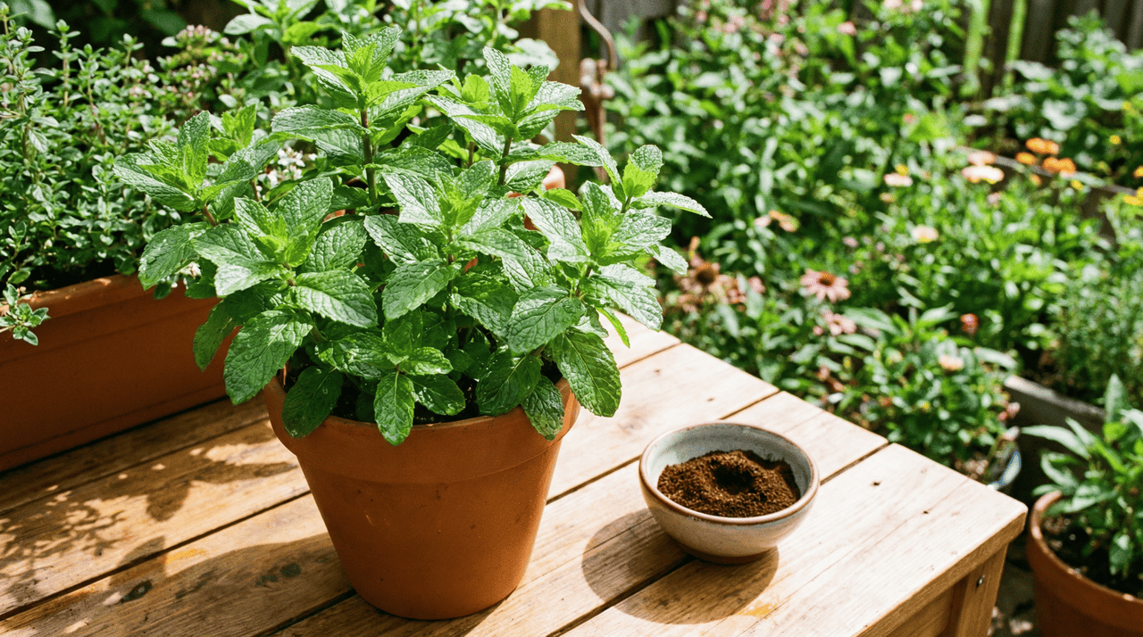 A borra de café é um dos fertilizantes orgânicos mais completos que existem para ervas aromáticas como a hortelã.