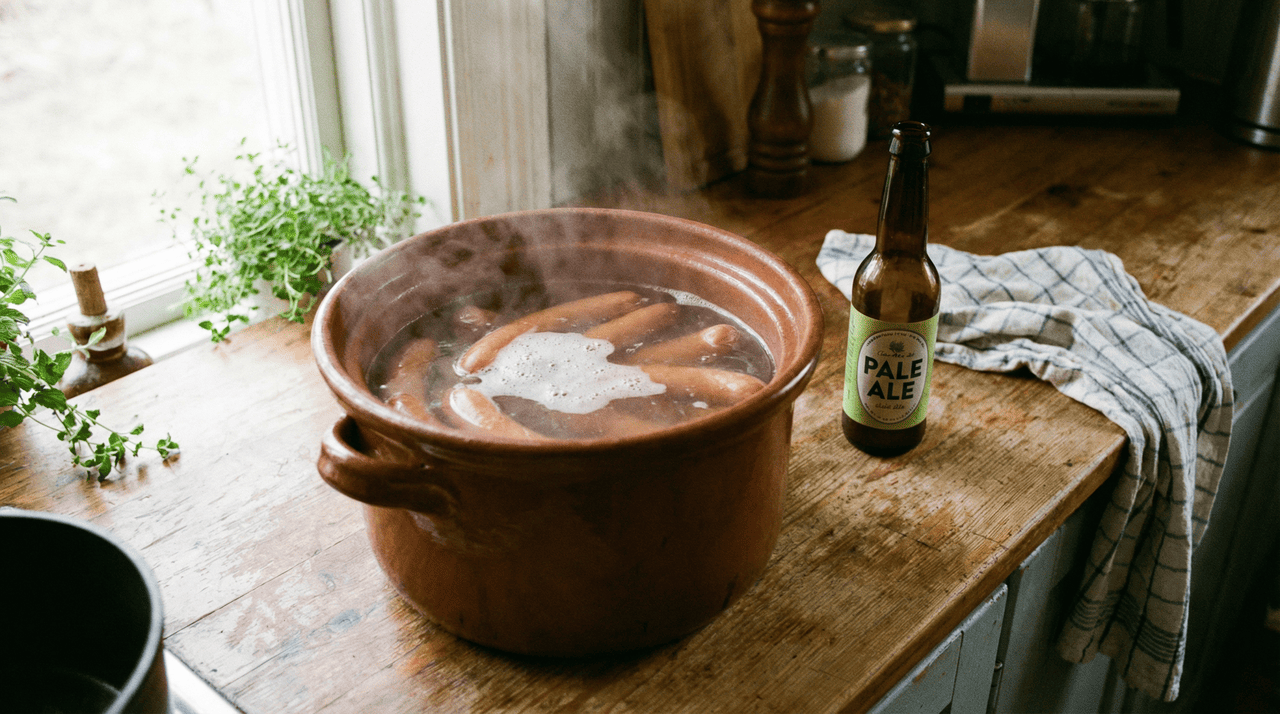 O segredo está na proporção e na técnica. Não é necessário cozinhar a salsicha diretamente em cerveja pura
