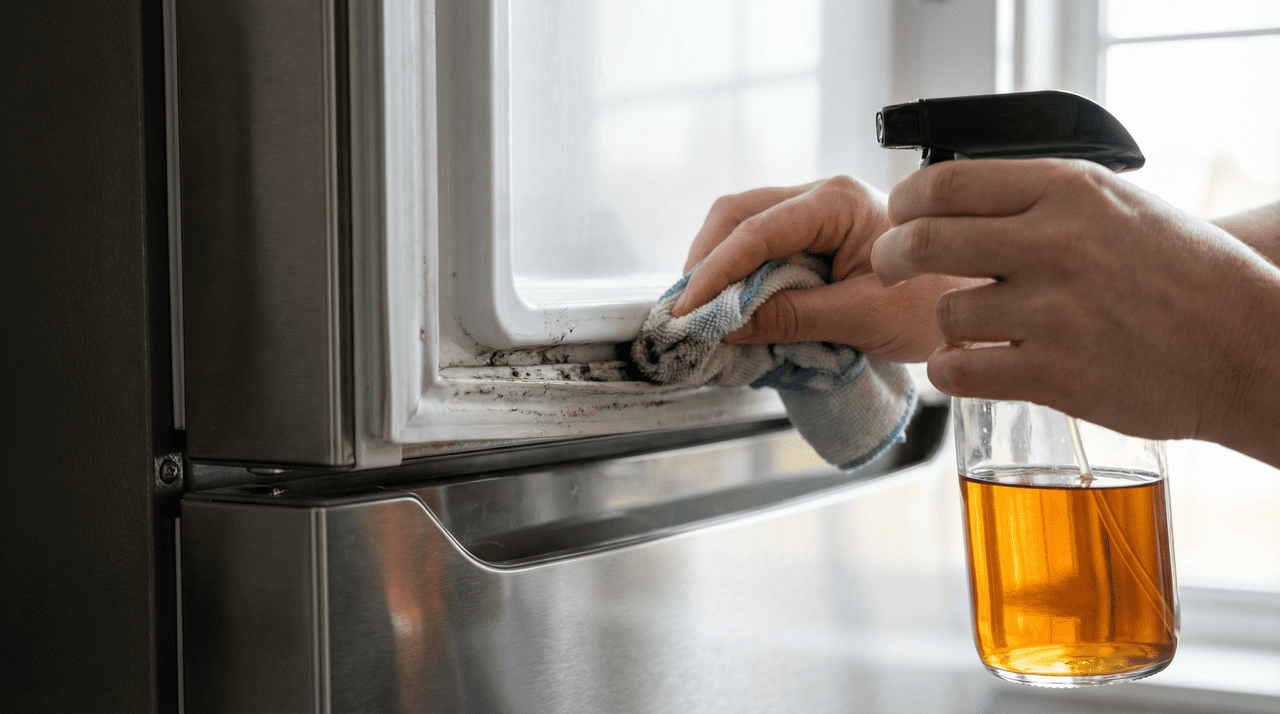 A proporção correta garante a eficiência da higienização sem deixar resíduos esbranquiçados nas prateleiras de vidro ou nas superfícies plásticas internas