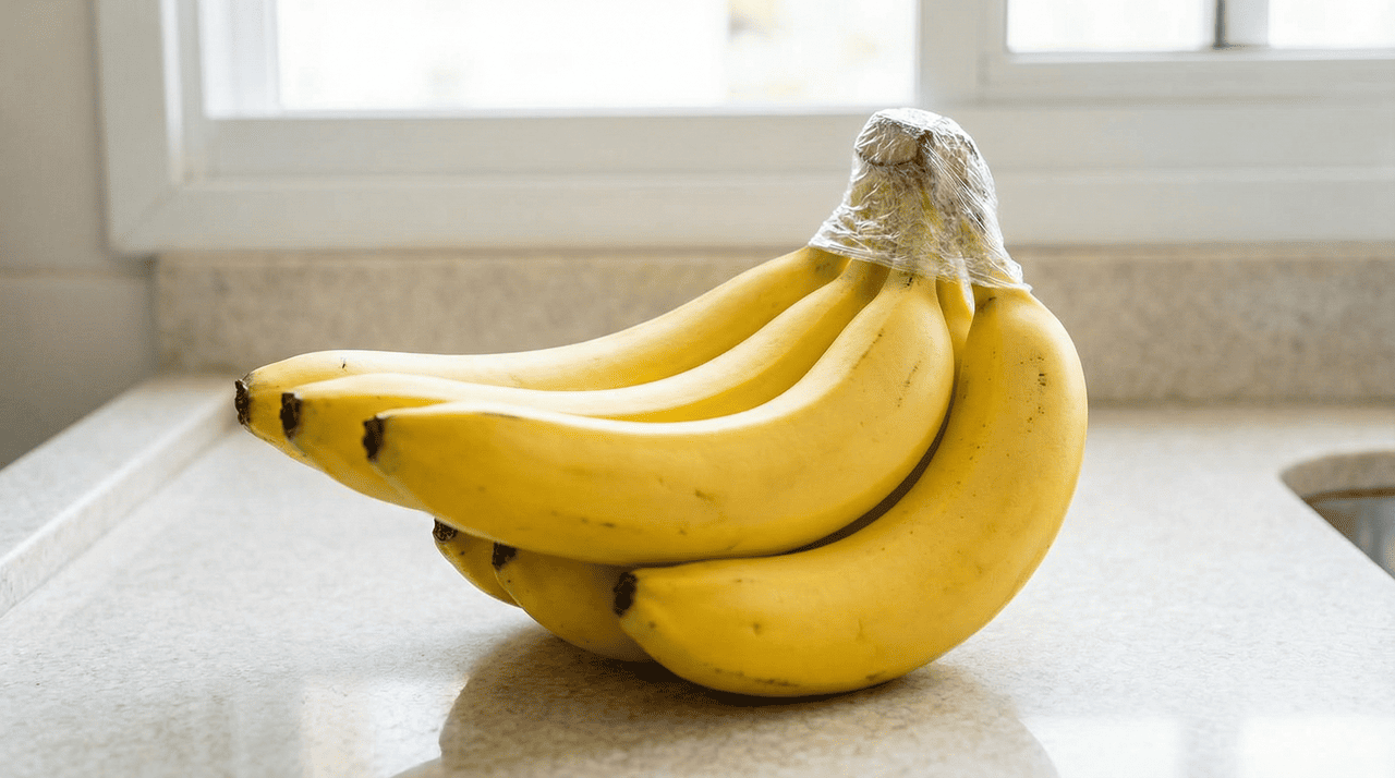 O papel filme age como uma barreira física que impede a dispersão do etileno produzido na extremidade superior do cacho