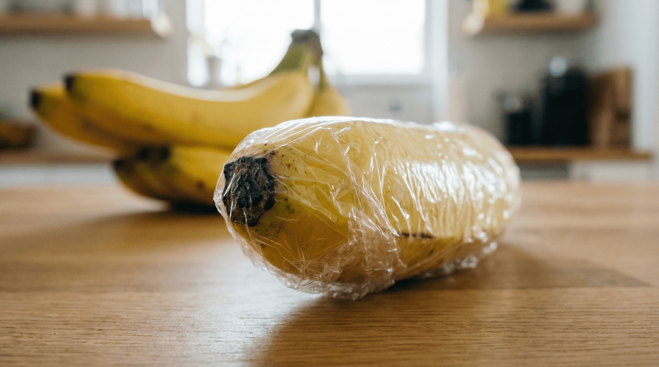 O papel filme age como uma barreira física que impede a dispersão do etileno produzido na extremidade superior do cacho