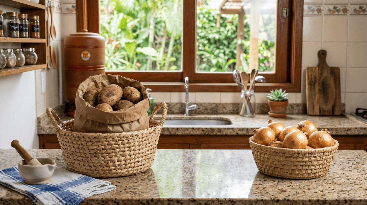 Muitas pessoas acreditam que, por serem itens que costumam ser comprados juntos na feira, eles podem compartilhar o mesmo cesto de armazenamento em casa