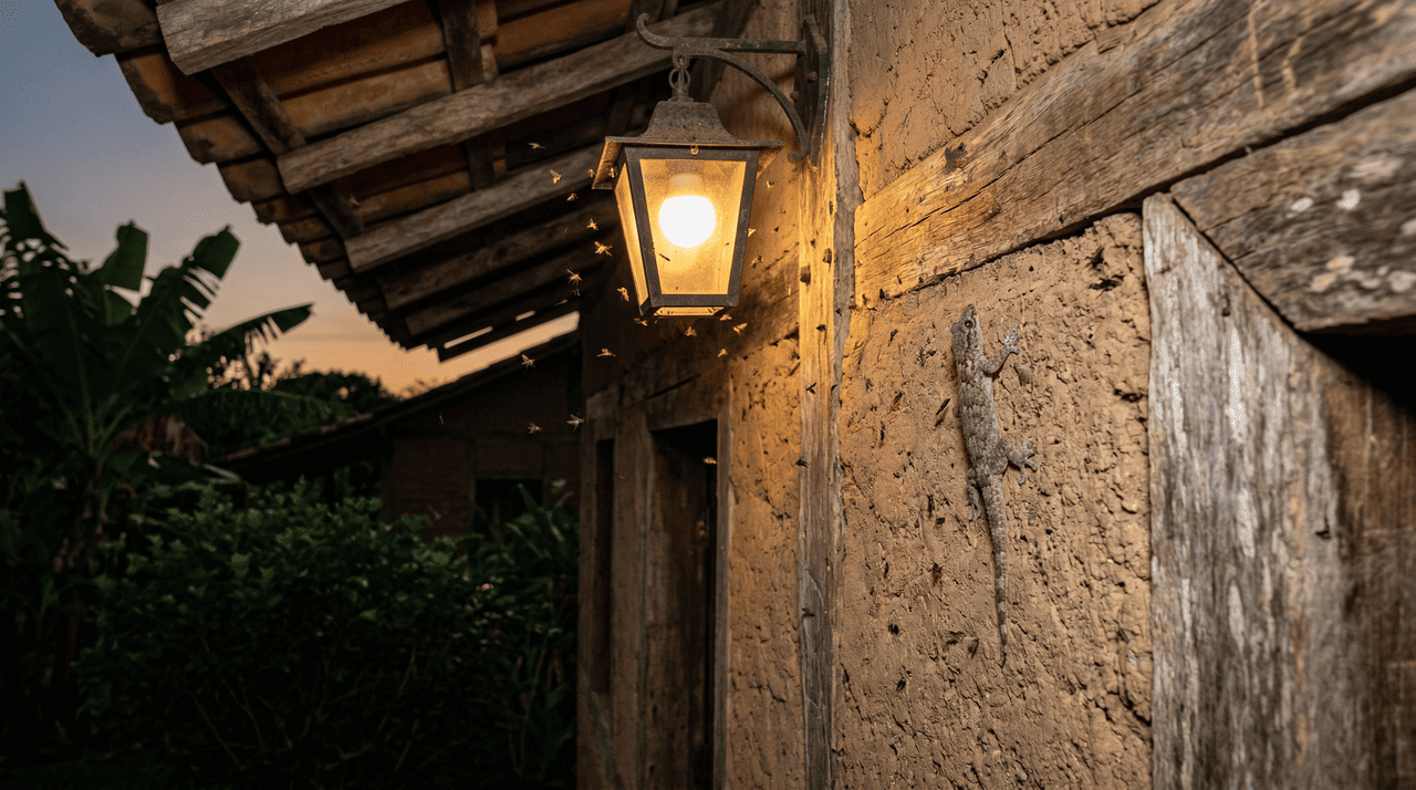 A presença da lagartixa nas áreas externas e nos corredores de uma construção antiga representa uma barreira biológica eficiente contra os insetos que atacam a celulose