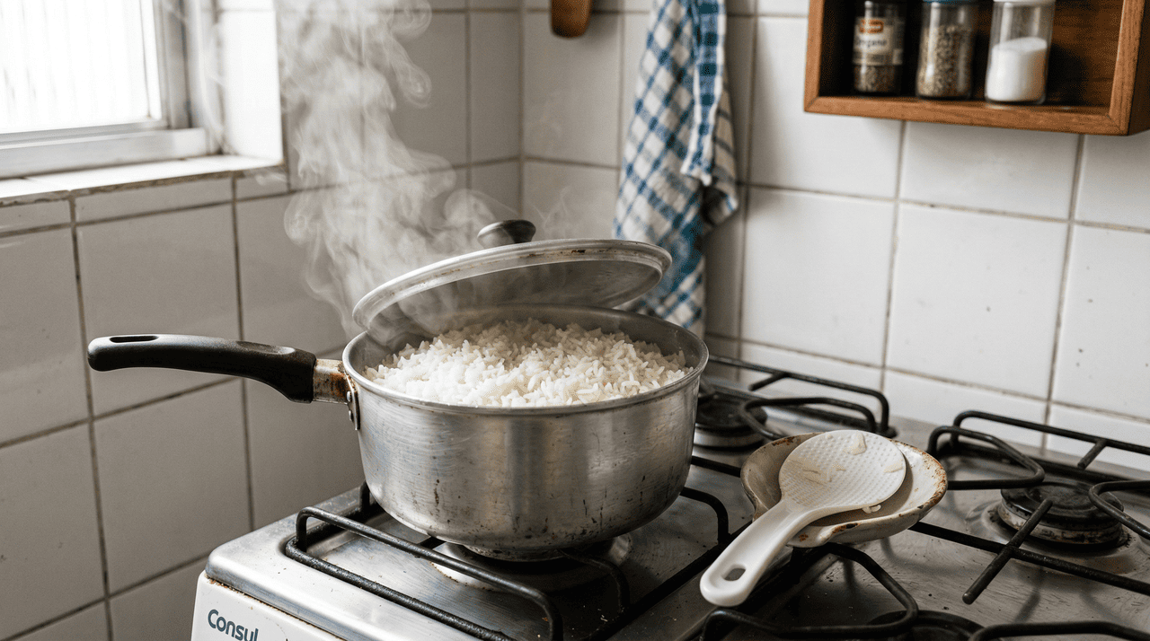 Adicionar água fria ao arroz refogado é outro erro clássico que compromete a textura do grão desde o início do cozimento