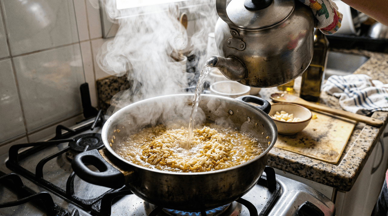 Adicionar água fria ao arroz refogado é outro erro clássico que compromete a textura do grão desde o início do cozimento