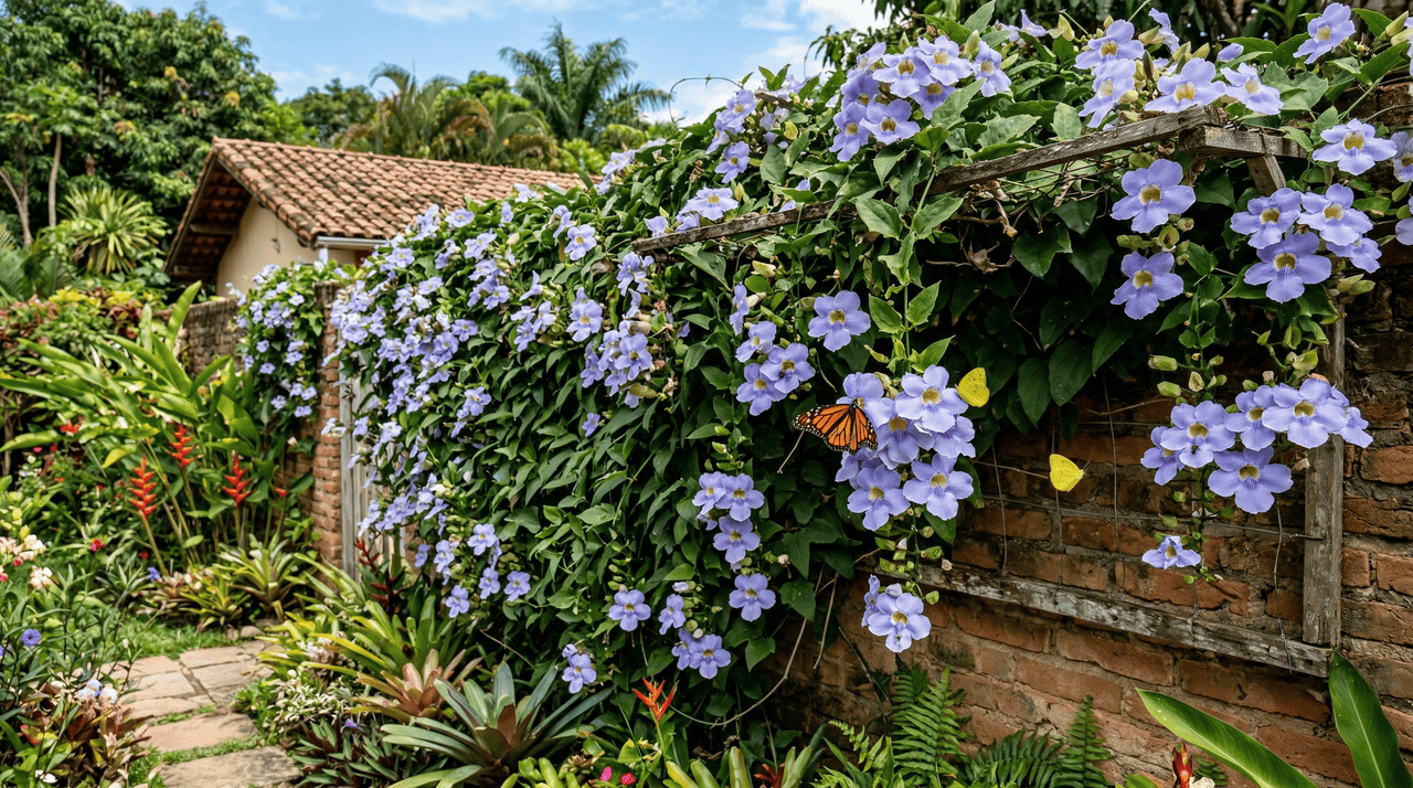 A tumbérgia-azul, cujo nome científico é Thunbergia grandiflora, se destaca entre as trepadeiras pelo ritmo de crescimento impressionante