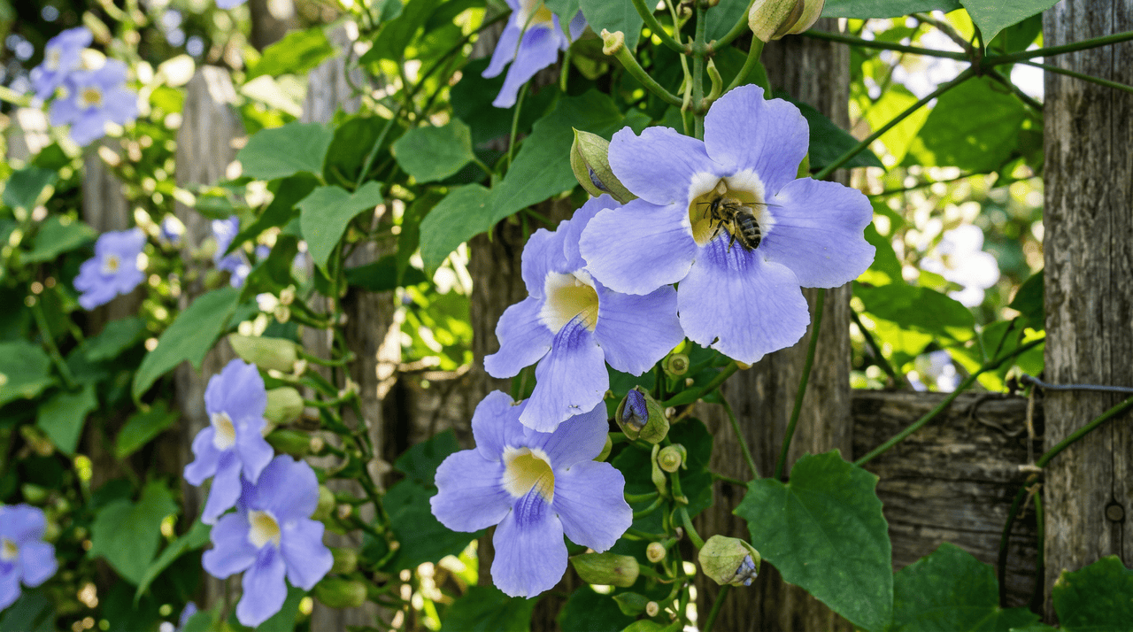 A tumbérgia-azul, cujo nome científico é Thunbergia grandiflora, se destaca entre as trepadeiras pelo ritmo de crescimento impressionante