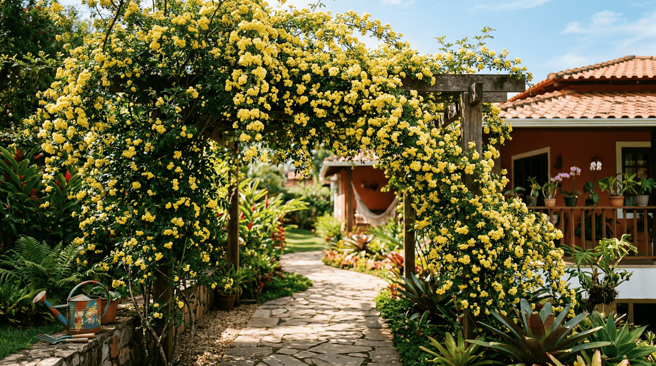 O rosal de Banksia oferece uma lista generosa de vantagens para quem quer deixar o jardim mais bonito e funcional