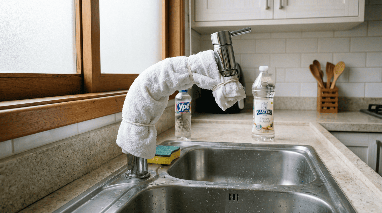 O vinagre é um ácido natural, o ácido acético, que reage quimicamente com o calcário e dissolve os depósitos minerais