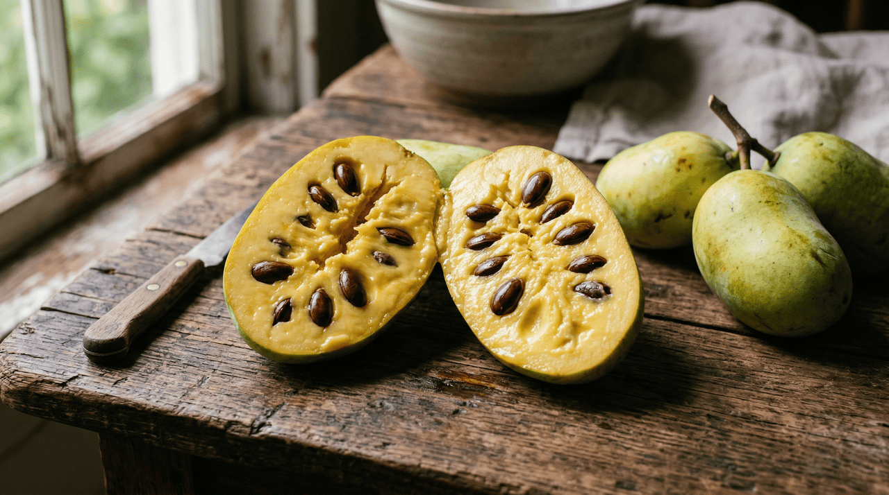 Os frutos da asimina são alongados, de casca verde, e podem pesar até 400 gramas