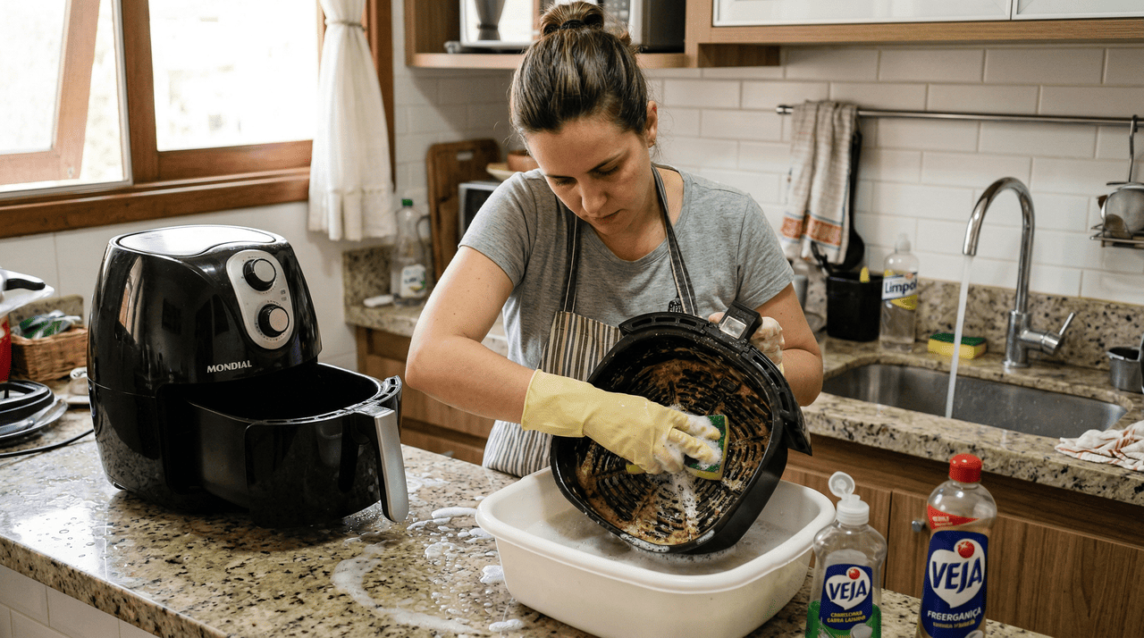 O uso de percarbonato de sódio na limpeza da airfryer se popularizou por facilitar a remoção de gordura endurecida sem esforço excessivo