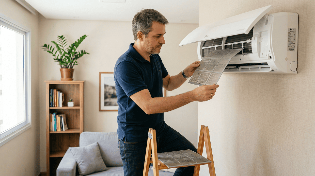 O ar-condicionado recircula o ar diversas vezes e, quando os filtros estão sujos, a ventilação é prejudicada e a poeira volta para o ambiente