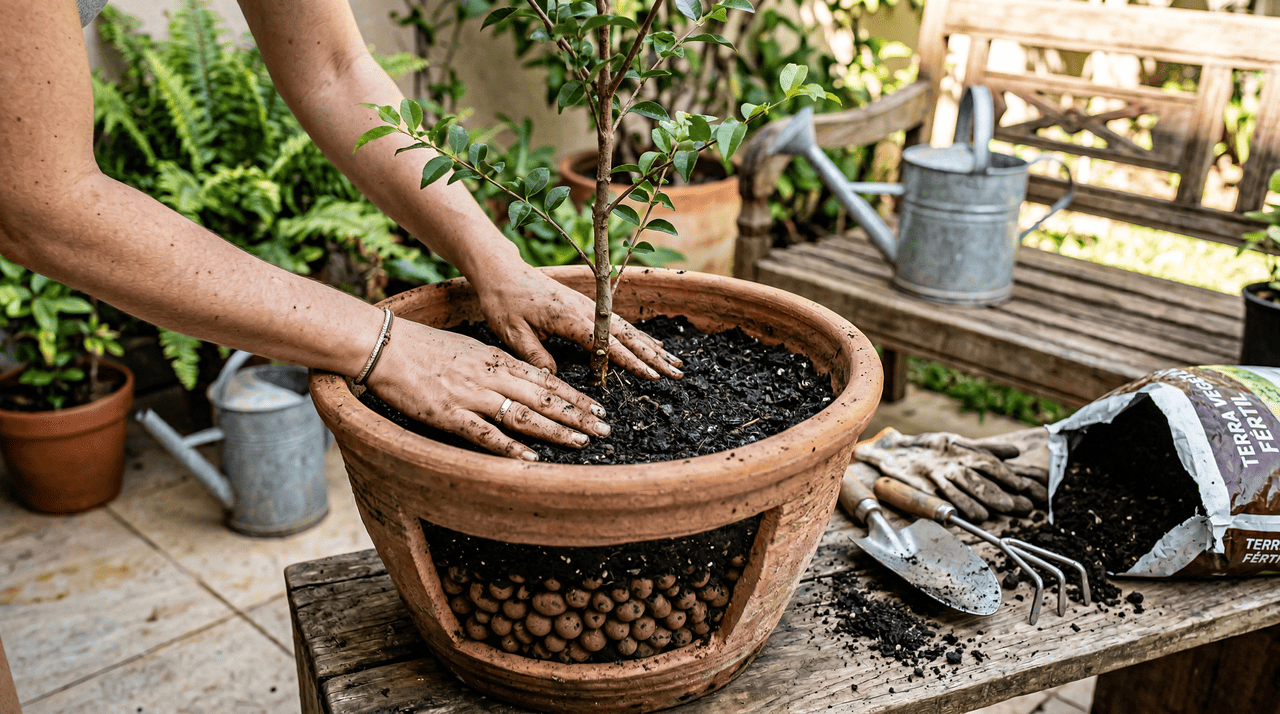O material do vaso pode ser plástico, fibra de vidro ou cimento