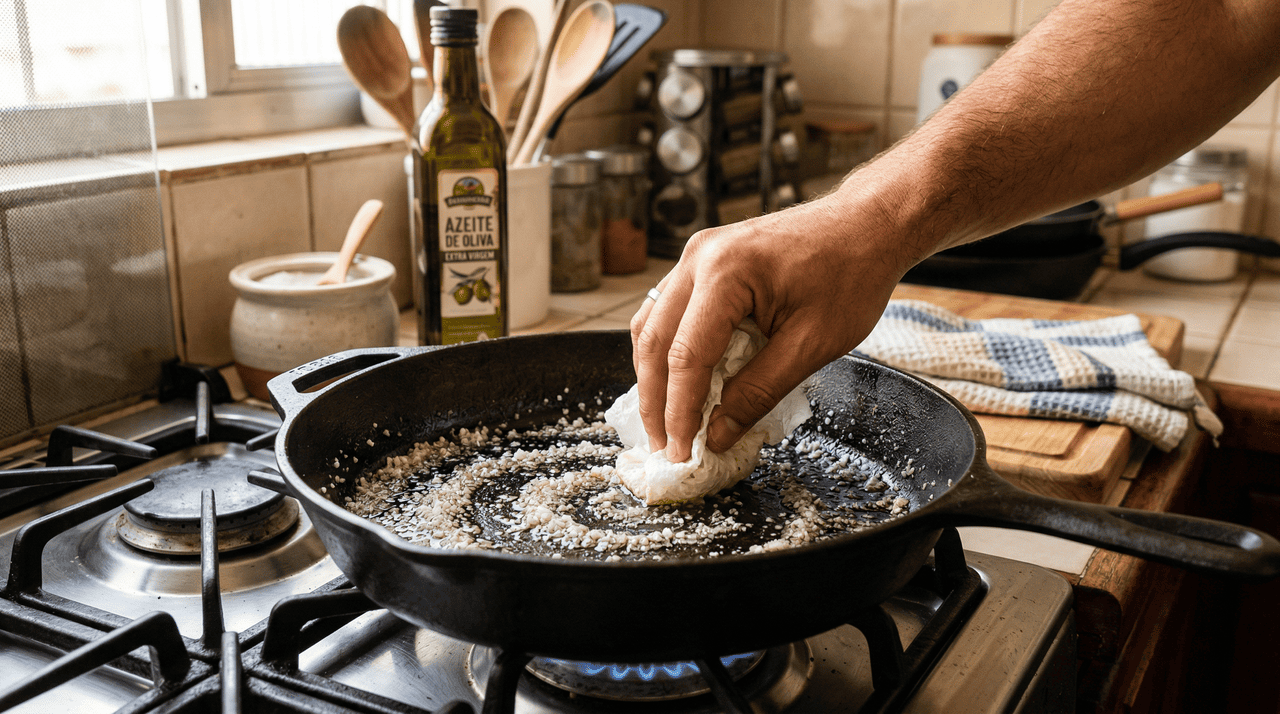 O sal funciona como um abrasivo natural suave que remove os resíduos de gordura carbonizada sem arranhar o revestimento restante da frigideira