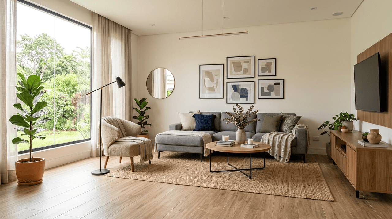 A combinação entre sofá e piso porcelanato bege amadeirado depende principalmente do contraste