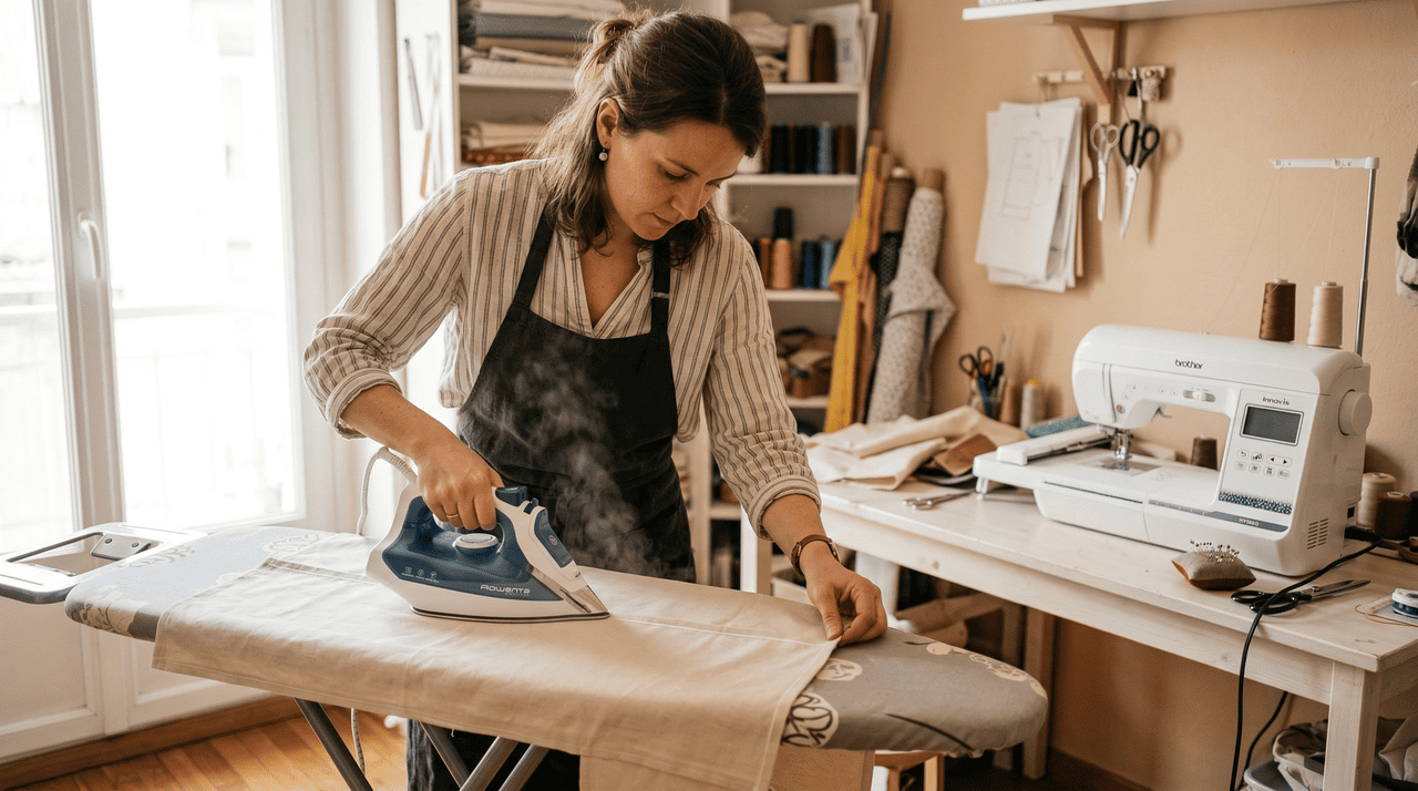 O uso constante do calor durante o processo de montagem permite que a linha de costura se acomode perfeitamente entre as tramas do tecido de algodão