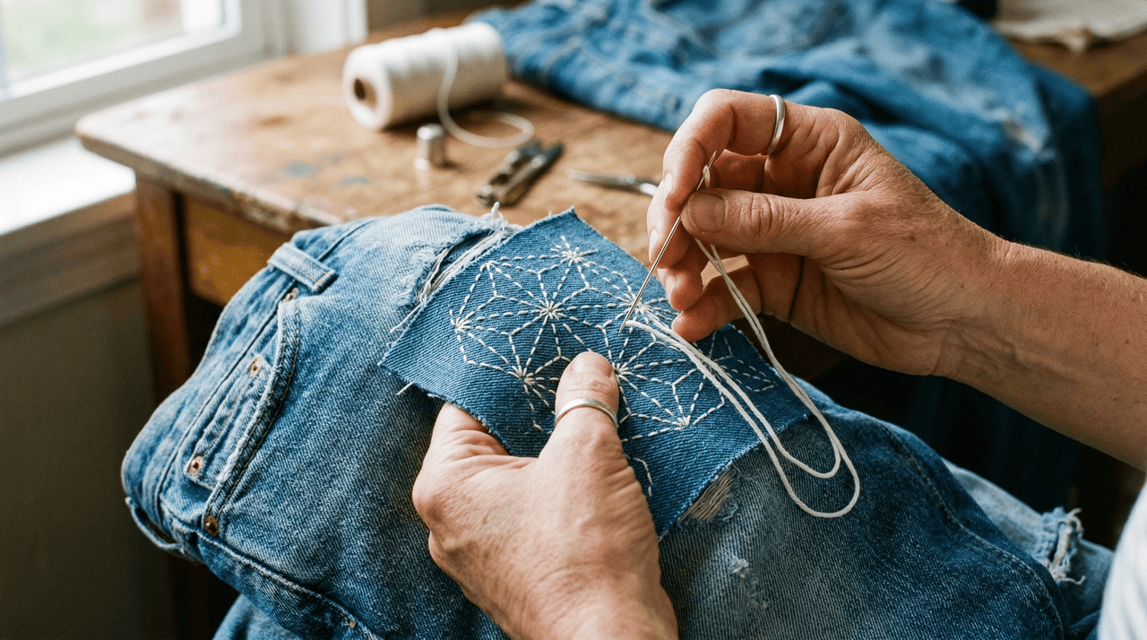 O processo de recuperação de uma calça ou jaqueta começa com a escolha de um tecido de suporte que será colocado por baixo da área danificada