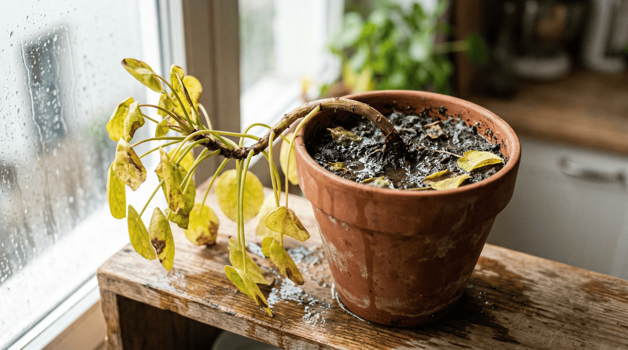 Um caule murcho, fino e sem firmeza costuma indicar apodrecimento das raízes por umidade excessiva e falta de oxigênio no solo