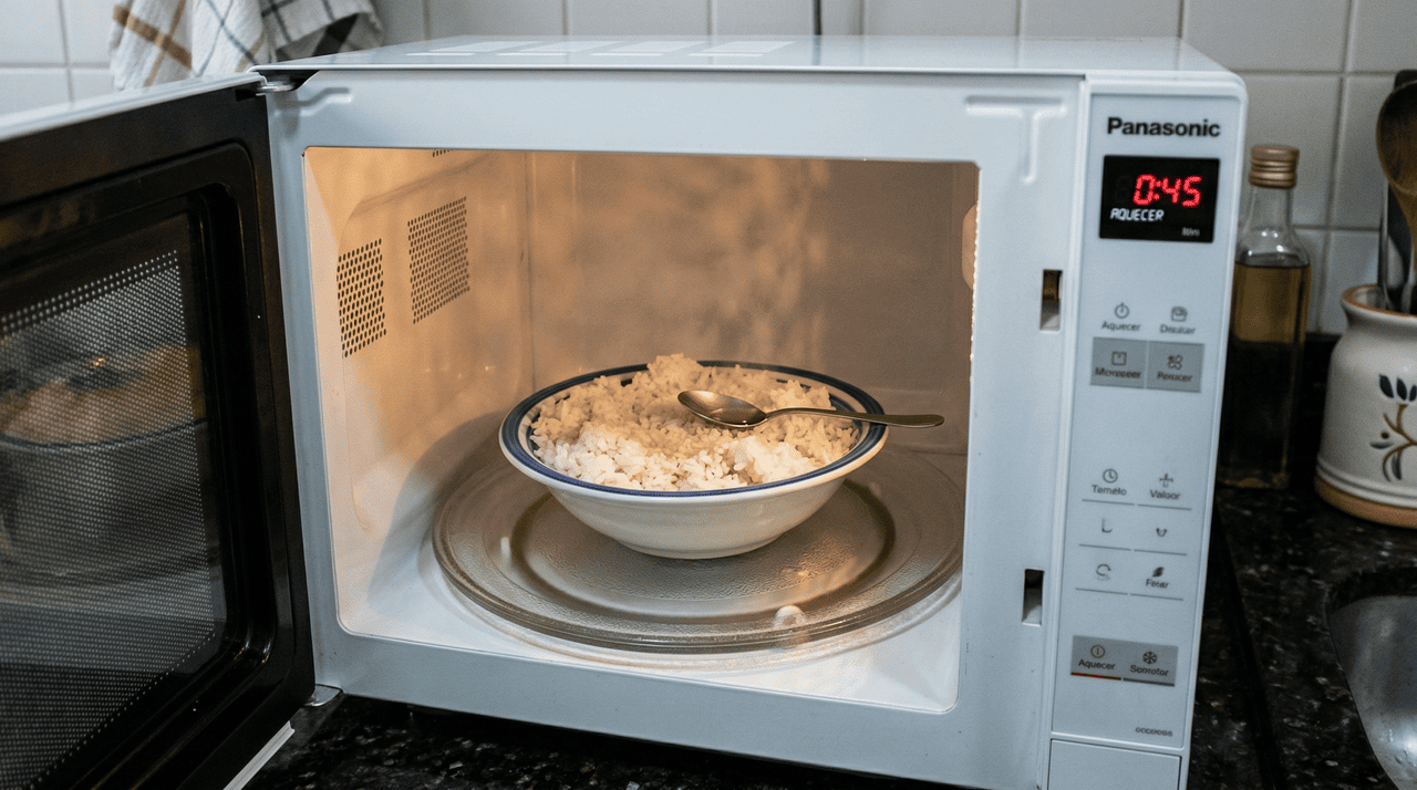 O segredo não está no reaquecimento em si, mas no que acontece entre o cozimento e o momento de guardar o arroz