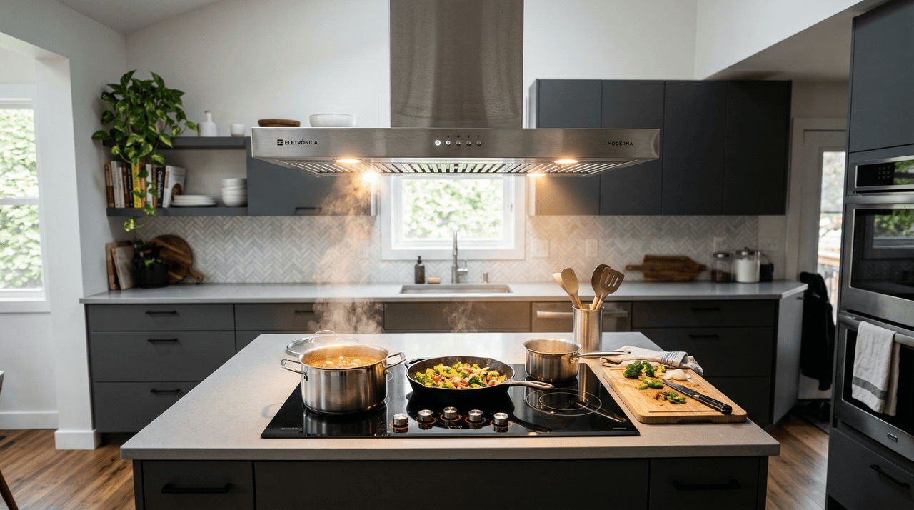 A forma mais eficiente de usar a coifa combina modo de funcionamento adequado, velocidade correta e distância ideal da chama ou do cooktop