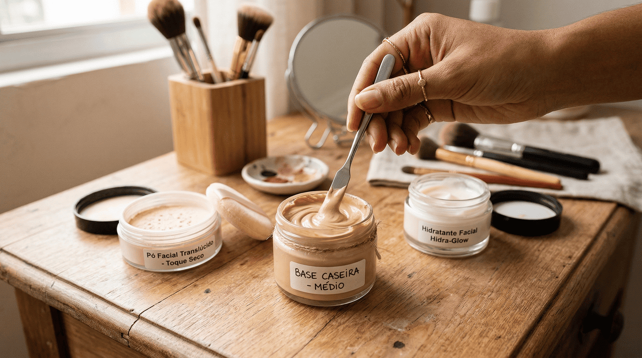 A base de maquiagem caseira é uma mistura preparada em casa, geralmente com hidratante, pó facial e algum agente que ajuste a cor ao tom da pele