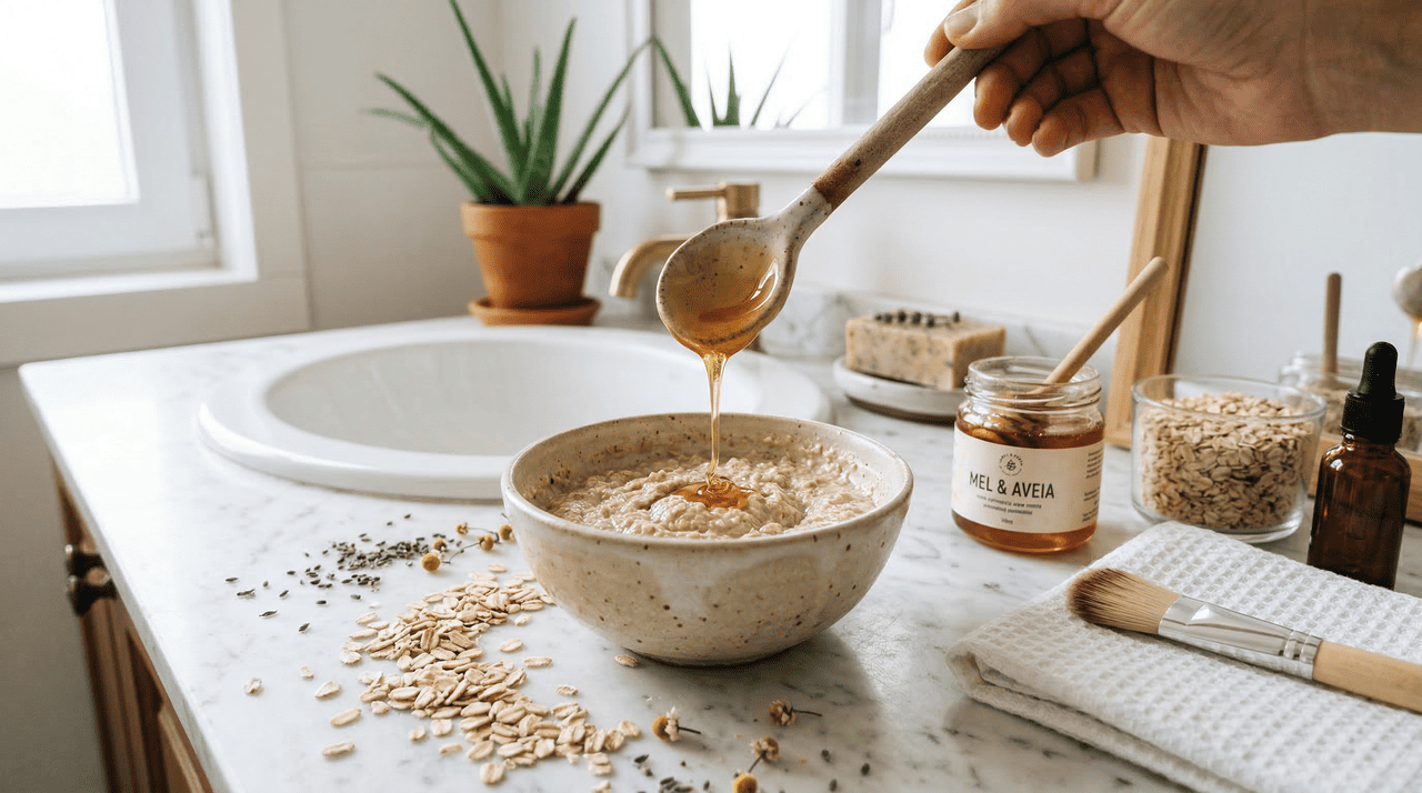 O mel funciona como um umectante natural, ajudando a reter água na camada superficial da pele e favorecendo uma hidratação equilibrada sem obstruir os poros.