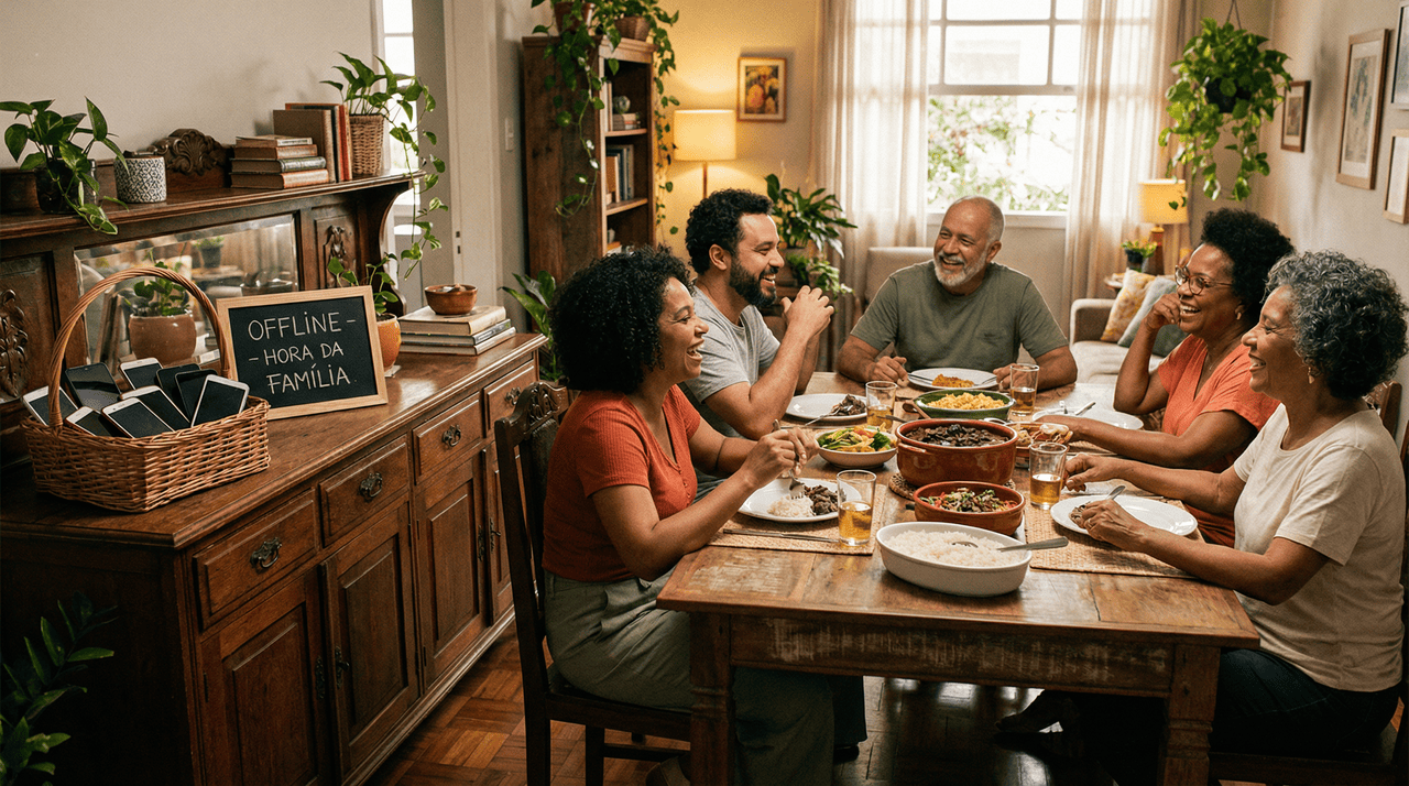 O ambiente doméstico ganha uma nova vida quando os estímulos externos são deixados de lado em favor do olhar atento e da escuta ativa entre pais e filhos.