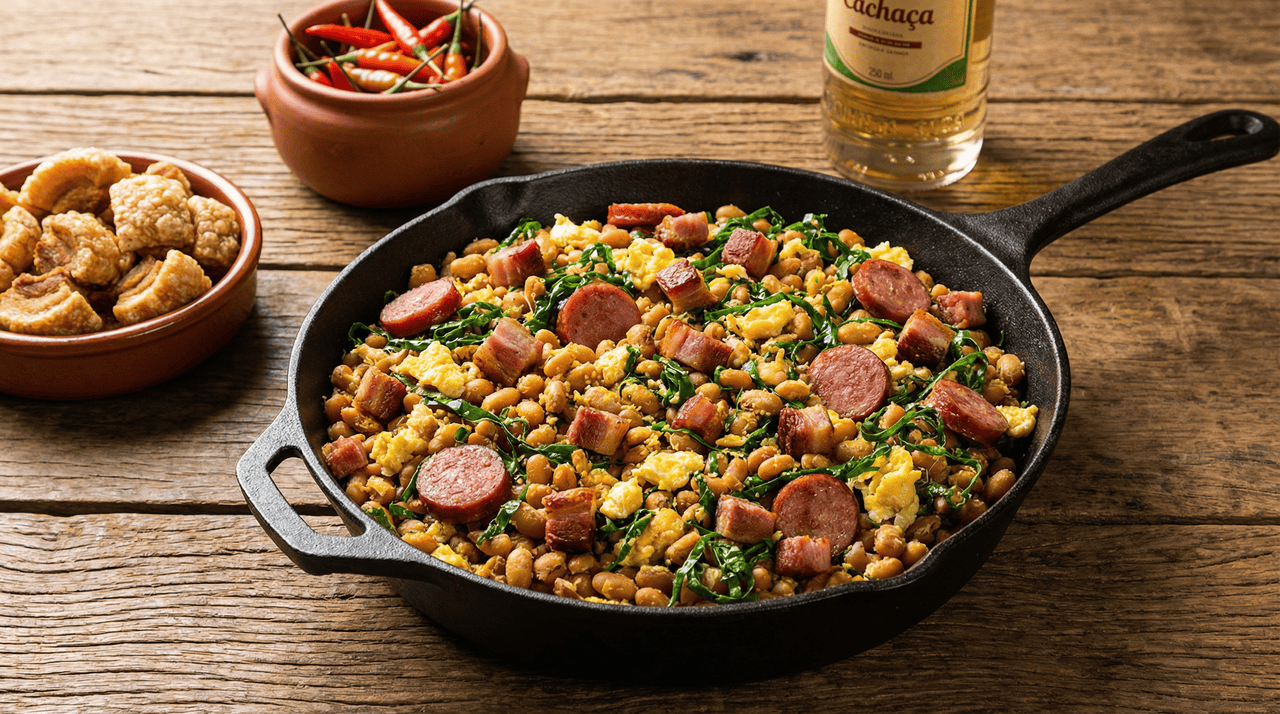 A base do feijão tropeiro autêntico é simples, mas cada componente cumpre uma função específica no resultado final