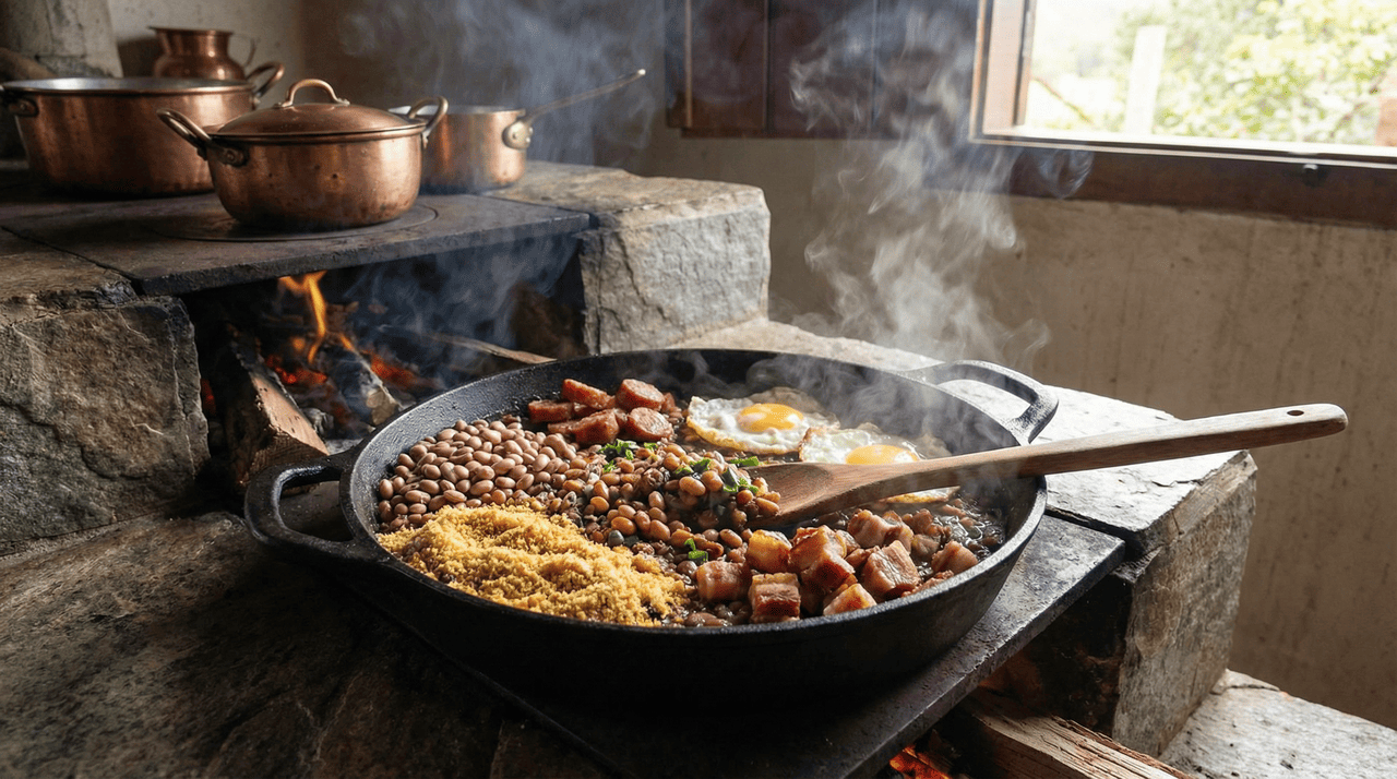 A base do feijão tropeiro autêntico é simples, mas cada componente cumpre uma função específica no resultado final