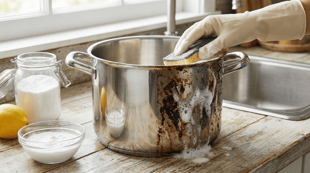 Para crostas mais resistentes e gordura acumulada ao longo de meses, a combinação de vinagre branco com bicarbonato de sódio é a resposta mais rápida e eficaz.